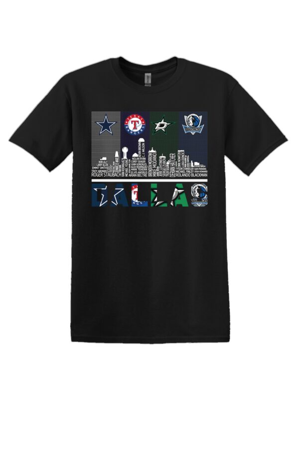 DALLAS SPORTS TEAMS SKYLINE PLAYERS NAME LOGO SHIRT